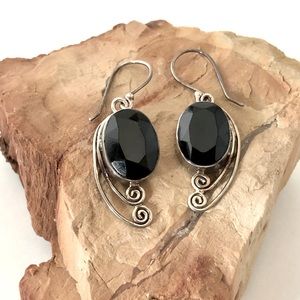 Silver tone black color gem earrings